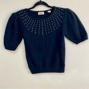 VTG 80s Junior Exchange Pearl Beaded Angora Silk Sweater Puff Sleeve Black